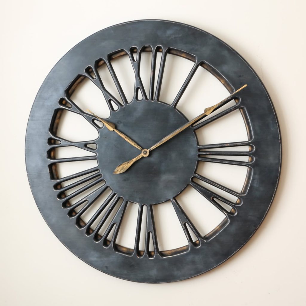 Dark Grey Clock With Large Wooden Roman Numerals
