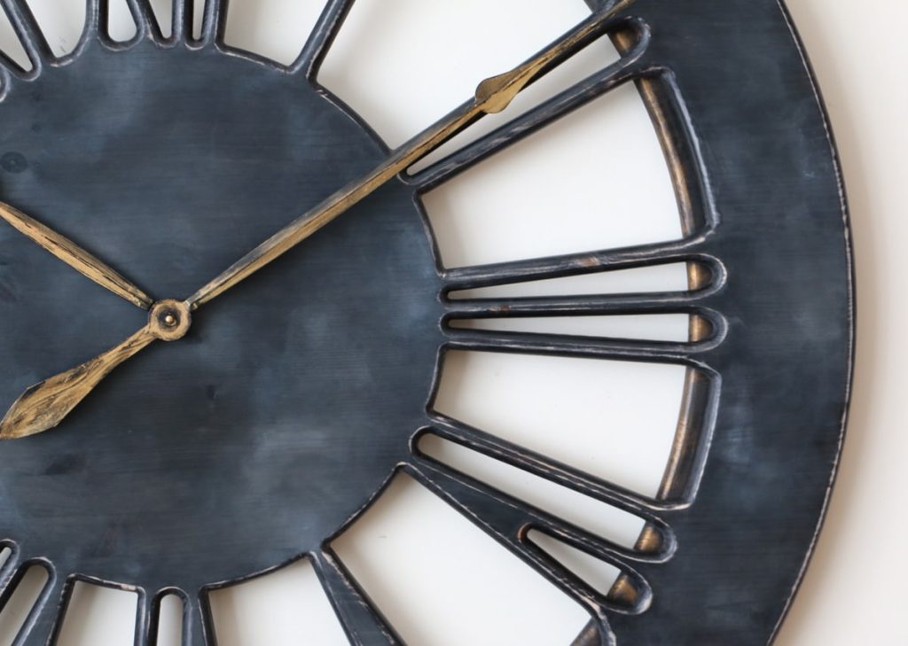 Dark Grey Clock With Large Wooden Roman Numerals