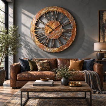 oversized wall clock on grey wall